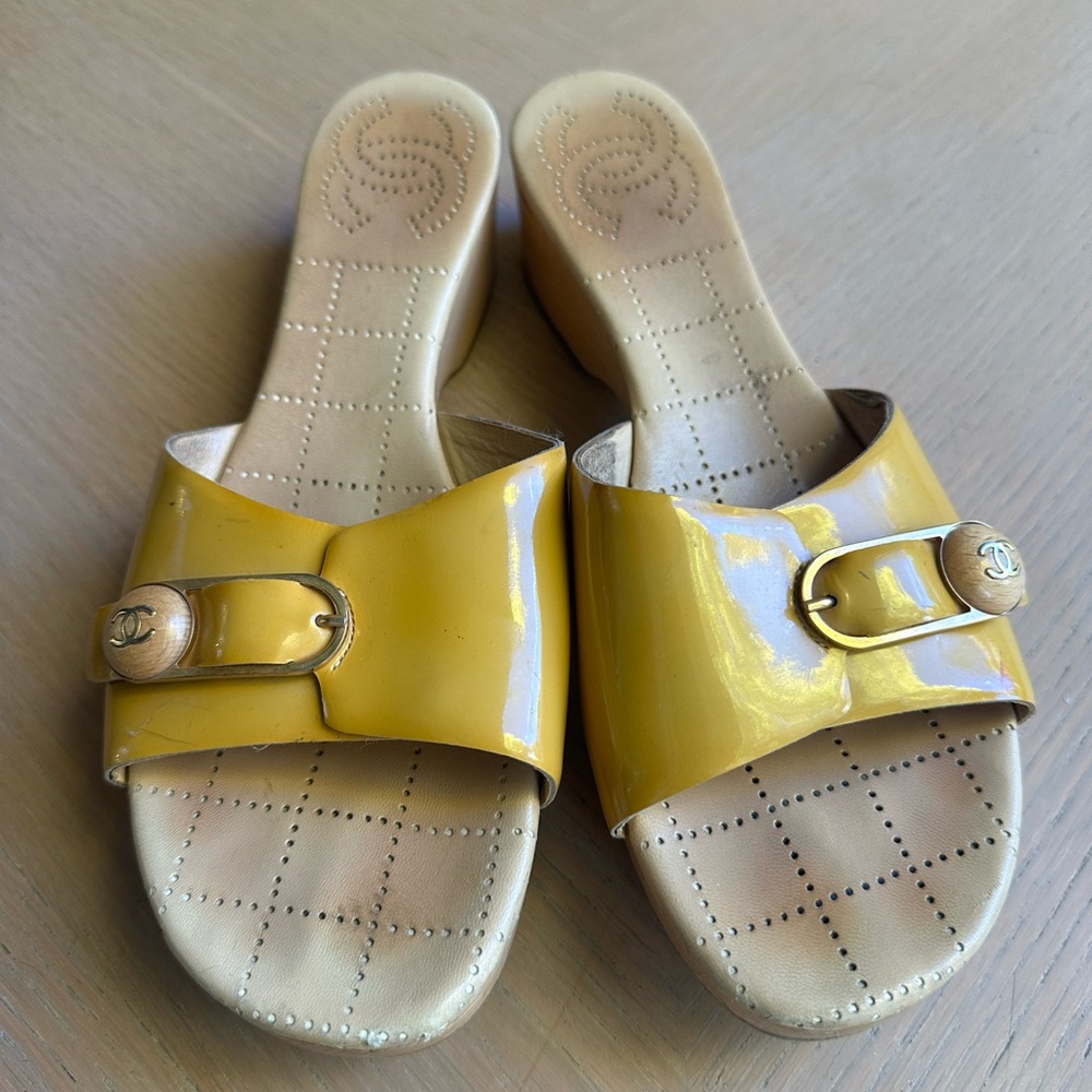 CHANEL Yellow Patent Leather Mules